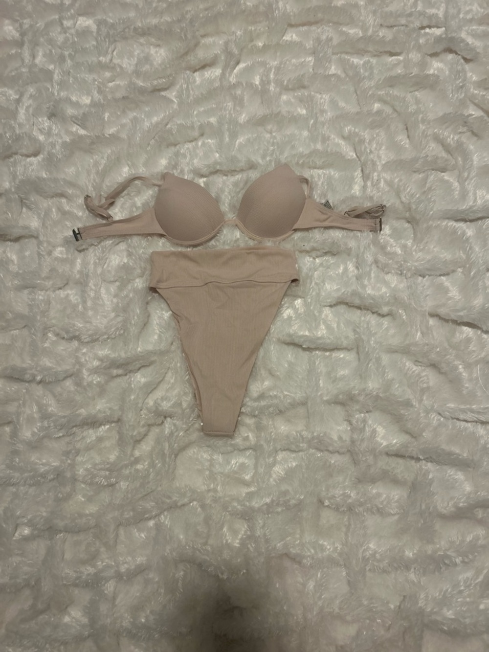 Women’s Nude Ribbed Bikini Set - Push-Up Top & High-Cut Bottoms